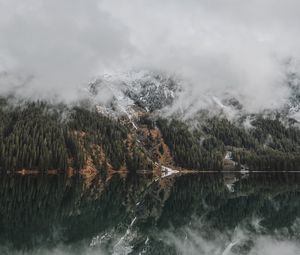 Preview wallpaper mountains, lake, fog, clouds, forest, landscape