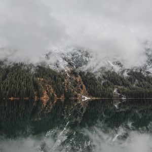 Preview wallpaper mountains, lake, fog, clouds, forest, landscape