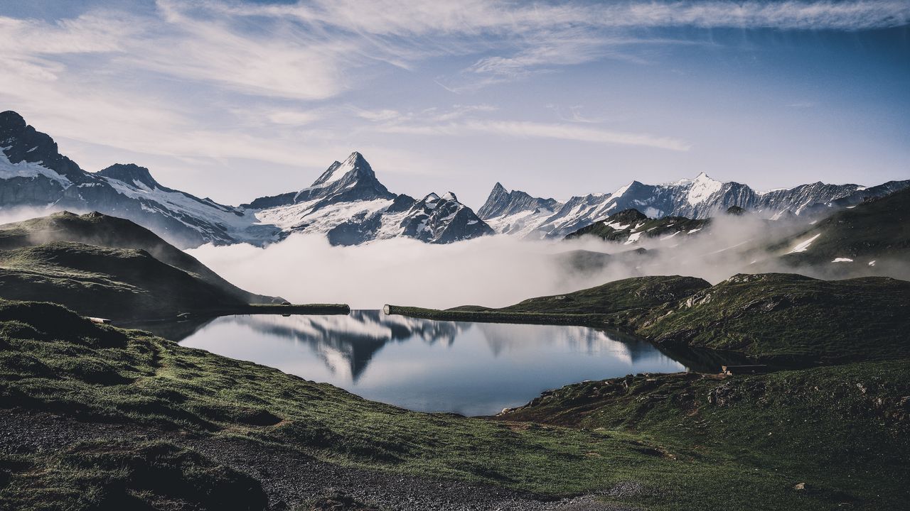 Wallpaper mountains, lake, fog, landscape, nature