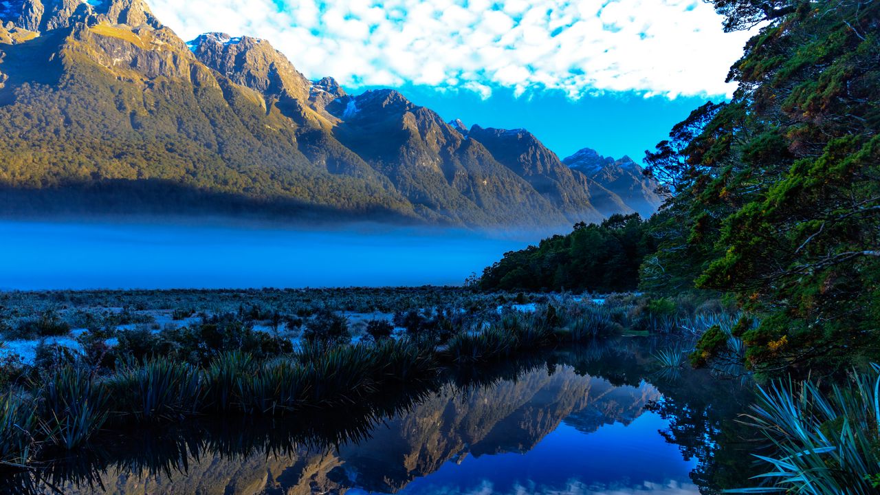 Wallpaper mountains, lake, fog, landscape, reflection