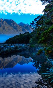 Preview wallpaper mountains, lake, fog, landscape, reflection