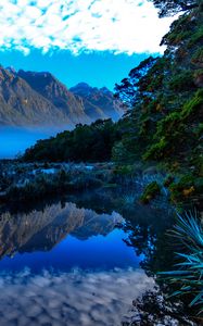 Preview wallpaper mountains, lake, fog, landscape, reflection