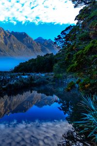 Preview wallpaper mountains, lake, fog, landscape, reflection