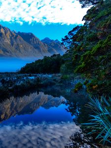 Preview wallpaper mountains, lake, fog, landscape, reflection