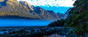 Preview wallpaper mountains, lake, fog, landscape, reflection