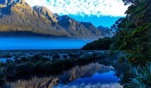 Preview wallpaper mountains, lake, fog, landscape, reflection