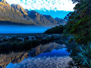 Preview wallpaper mountains, lake, fog, landscape, reflection