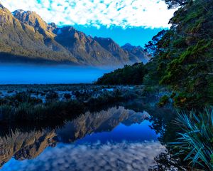 Preview wallpaper mountains, lake, fog, landscape, reflection