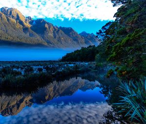 Preview wallpaper mountains, lake, fog, landscape, reflection