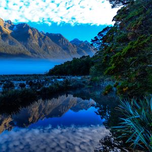 Preview wallpaper mountains, lake, fog, landscape, reflection