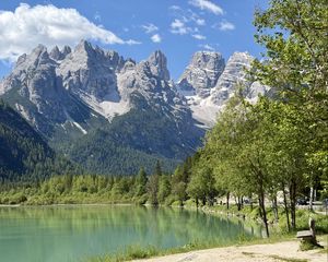 Preview wallpaper mountains, lake, forest, trees, water, nature