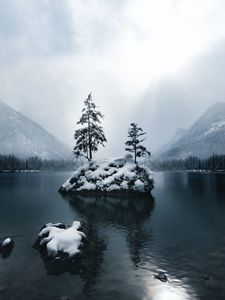 Preview wallpaper mountains, lake, forest, trees, fog, snow, winter