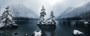 Preview wallpaper mountains, lake, forest, trees, fog, snow, winter