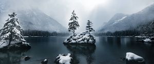 Preview wallpaper mountains, lake, forest, trees, fog, snow, winter