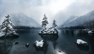 Preview wallpaper mountains, lake, forest, trees, fog, snow, winter