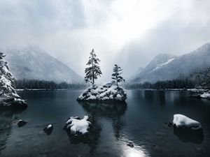 Preview wallpaper mountains, lake, forest, trees, fog, snow, winter