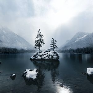 Preview wallpaper mountains, lake, forest, trees, fog, snow, winter