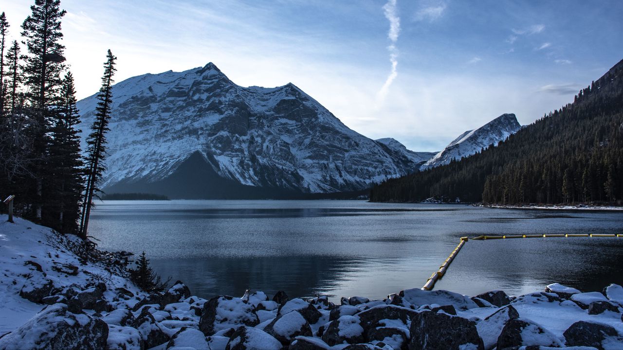Wallpaper mountains, lake, forest, snow, stones, landscape