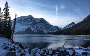 Preview wallpaper mountains, lake, forest, snow, stones, landscape