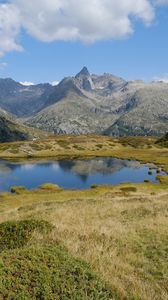 Preview wallpaper mountains, lake, glade, grass, landscape