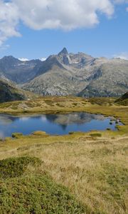 Preview wallpaper mountains, lake, glade, grass, landscape