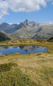 Preview wallpaper mountains, lake, glade, grass, landscape