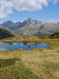 Preview wallpaper mountains, lake, glade, grass, landscape