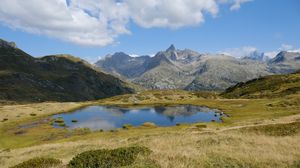 Preview wallpaper mountains, lake, glade, grass, landscape