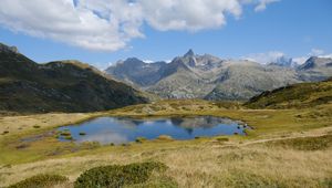 Preview wallpaper mountains, lake, glade, grass, landscape