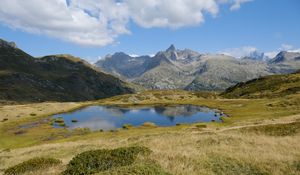 Preview wallpaper mountains, lake, glade, grass, landscape