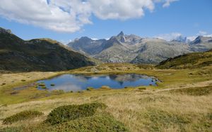 Preview wallpaper mountains, lake, glade, grass, landscape