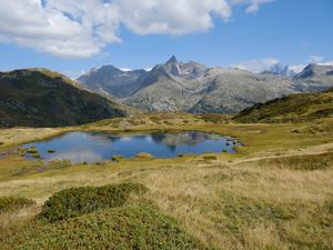 Preview wallpaper mountains, lake, glade, grass, landscape