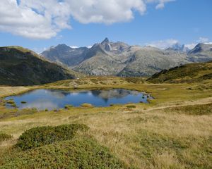 Preview wallpaper mountains, lake, glade, grass, landscape