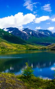 Preview wallpaper mountains, lake, grass, sky, summer, torres del paine, chile, patagonia