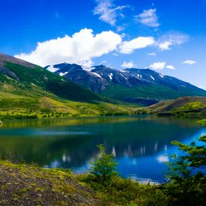 Preview wallpaper mountains, lake, grass, sky, summer, torres del paine, chile, patagonia