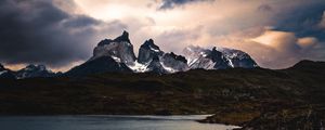 Preview wallpaper mountains, lake, grass, clouds, overcast, twilight