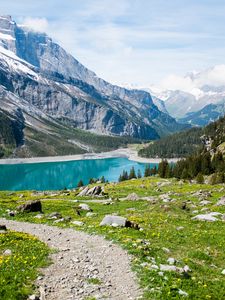 Preview wallpaper mountains, lake, grass, landscape, summer