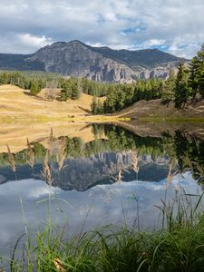 Preview wallpaper mountains, lake, grass, landscape