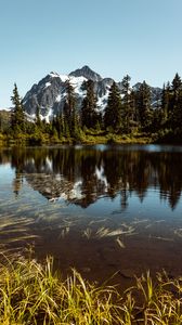 Preview wallpaper mountains, lake, grass, snow, snowy