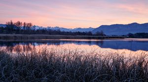 Preview wallpaper mountains, lake, grass, frost, nature, landscape