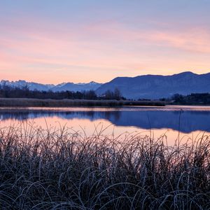 Preview wallpaper mountains, lake, grass, frost, nature, landscape