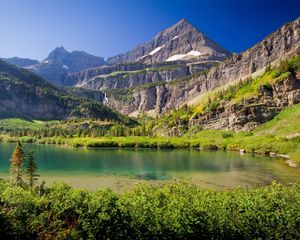 Preview wallpaper mountains, lake, grass, sky, summer