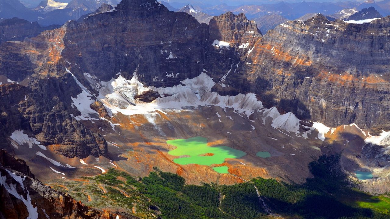 Wallpaper mountains, lake, green, water, thawing, tops, height, shadow, from above