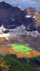 Preview wallpaper mountains, lake, green, water, thawing, tops, height, shadow, from above