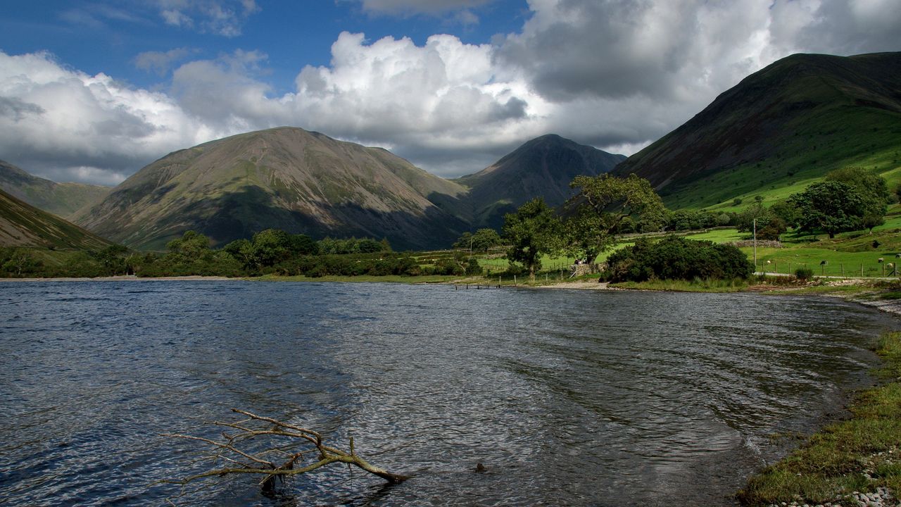 Wallpaper mountains, lake, greens, branch, sky, clouds