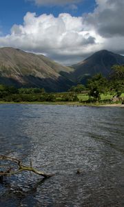 Preview wallpaper mountains, lake, greens, branch, sky, clouds