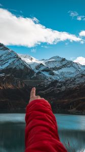 Preview wallpaper mountains, lake, hand, finger, top