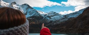 Preview wallpaper mountains, lake, hand, finger, top