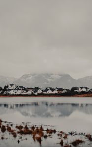 Preview wallpaper mountains, lake, houses, fog, coast, land, upland