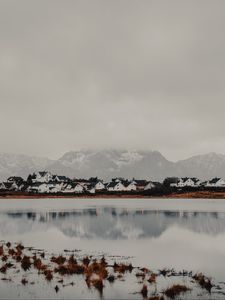 Preview wallpaper mountains, lake, houses, fog, coast, land, upland